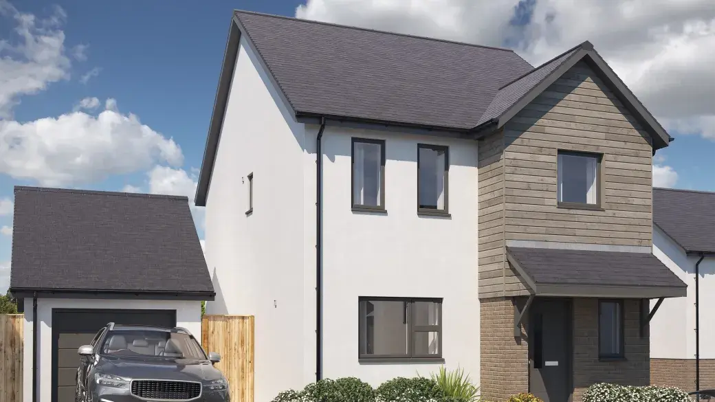 A CGI of the front view of The Maple house type at Copse Close, Buckland Brewer