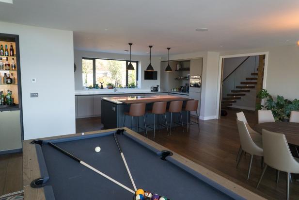 Open Plan living area of bespoke luxurious home with pool table