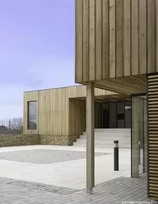 Wooden cladded exterior of West Buckland School's New Art & Theatre Block built by Pearce Construction