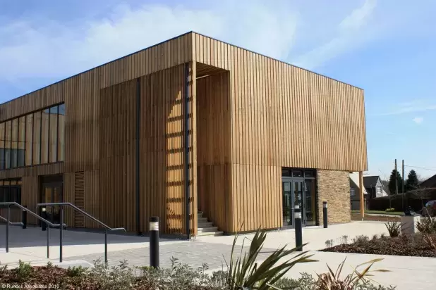 Wooden cladded exterior of West Buckland School's New Art & Theatre Block built by Pearce Construction