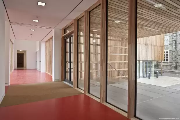 Interior glazed corridor of West Buckland School's New Art & Theatre Block built by Pearce Construction