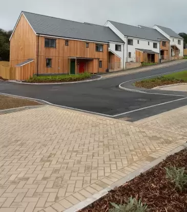 Exterior of new sustainable homes at the Christow Passivhaus Project