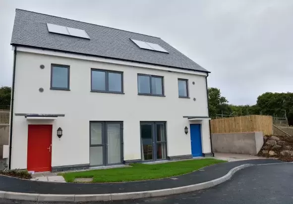 Exterior of new sustainable homes at the Christow Passivhaus Project