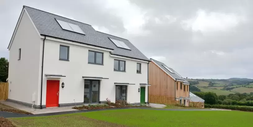 Exterior of new sustainable homes at the Christow Passivhaus Project