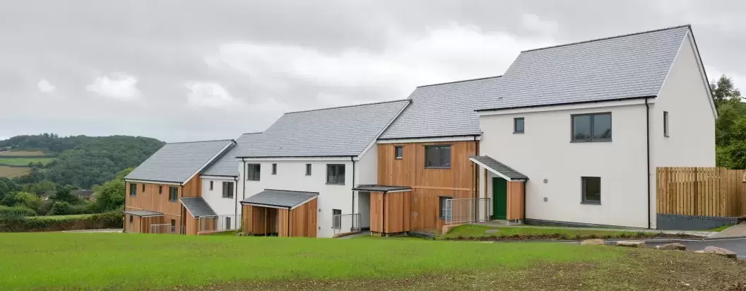 Exterior of new sustainable homes at the Christow Passivhaus Project