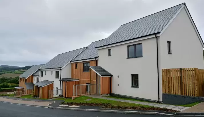 Exterior of new sustainable homes at the Christow Passivhaus Project