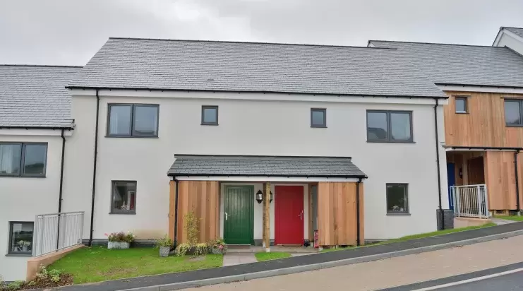 Exterior of new sustainable homes at the Christow Passivhaus Project