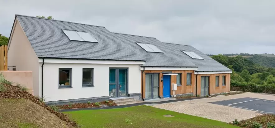 Exterior of new sustainable homes at the Christow Passivhaus Project