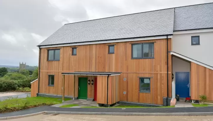 Exterior of new sustainable homes at the Christow Passivhaus Project