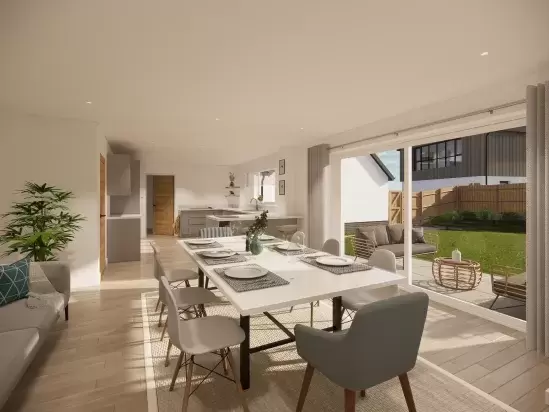 The dining room and kitchen in plot 1 of Hammados Court