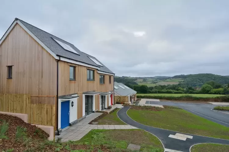 Exterior of new sustainable homes at the Christow Passivhaus Project