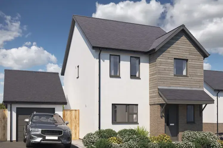 A CGI of the front view of The Maple house type at Copse Close, Buckland Brewer