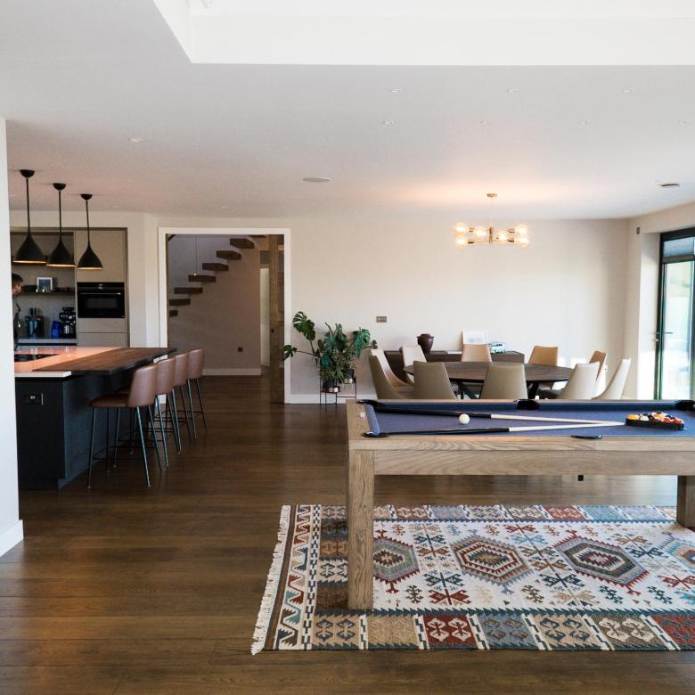 Open Plan living area of bespoke luxurious home with pool table