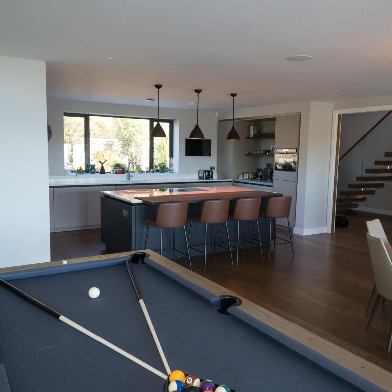 Open Plan living area of bespoke luxurious home with pool table