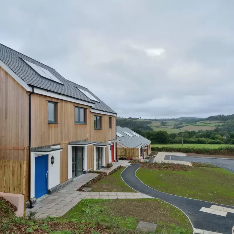 Exterior of new sustainable homes at the Christow Passivhaus Project