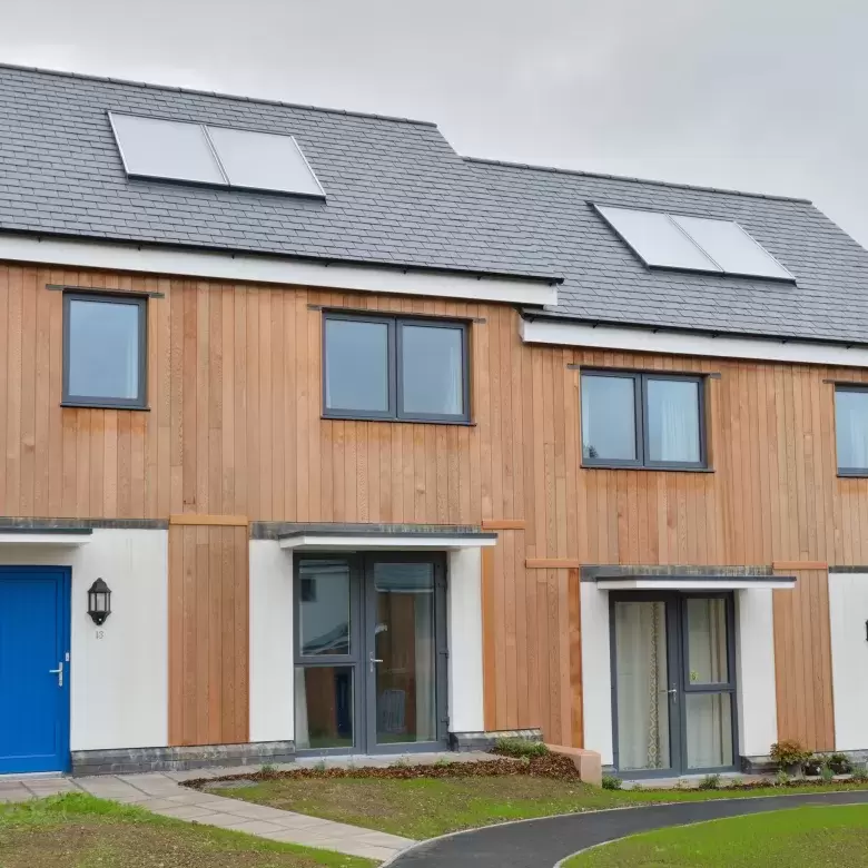 Exterior of new sustainable homes at the Christow Passivhaus Project