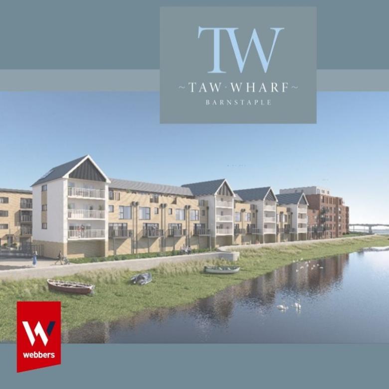 Taw Wharf new homes with river Taw in the foreground and Webbers Estate Agent Logo in the corner
